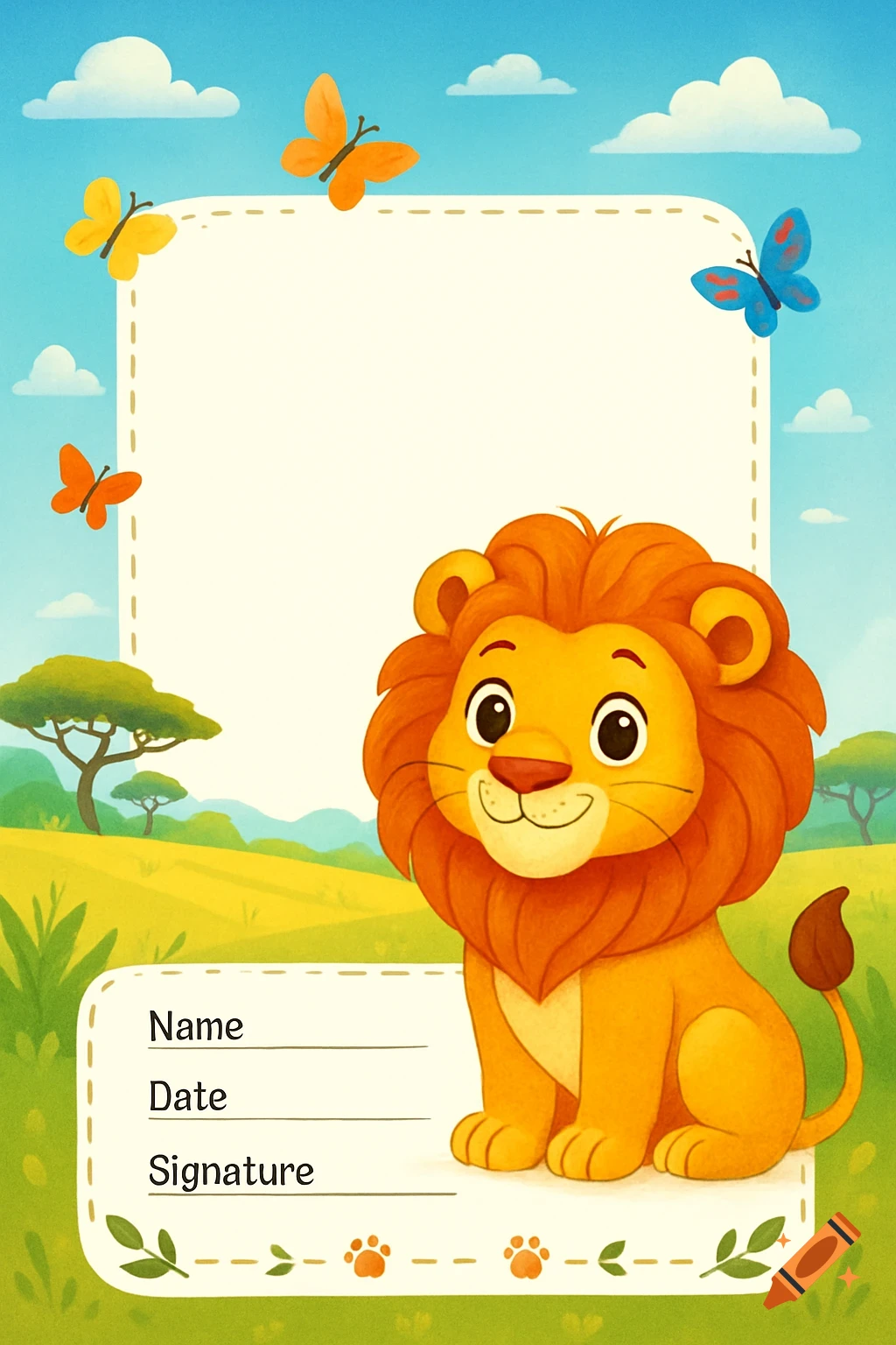 A friendly cartoon lion sits in a savanna on a children's certificate background with spaces for name, date, and signature.