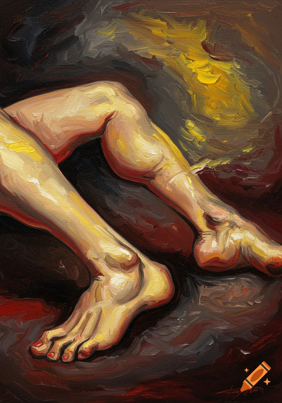 Expressive oil painting of human legs and feet bathed in yellow light against a dark, warm background.