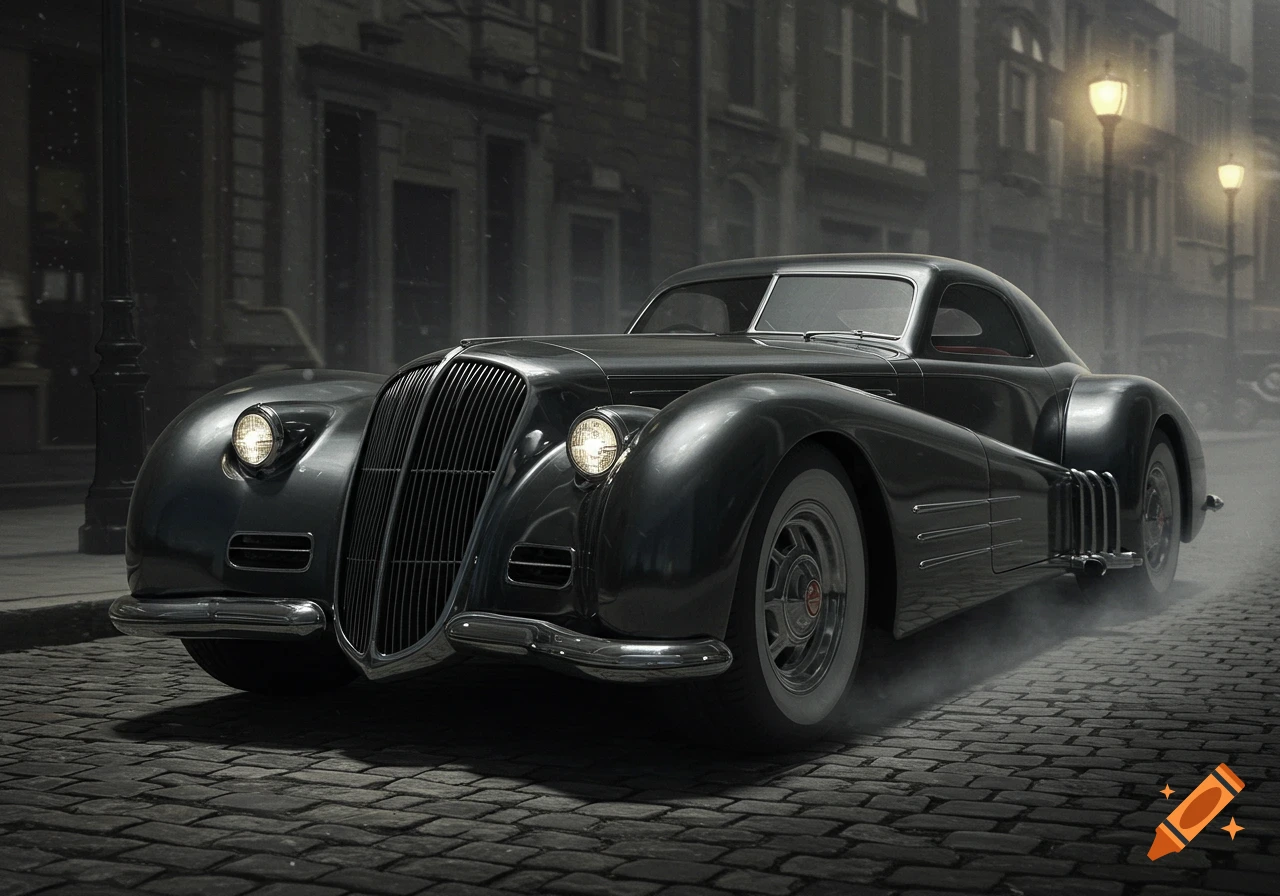 A sleek, dark vintage car with prominent grille and headlights on a cobblestone street at night, illuminated by streetlights.