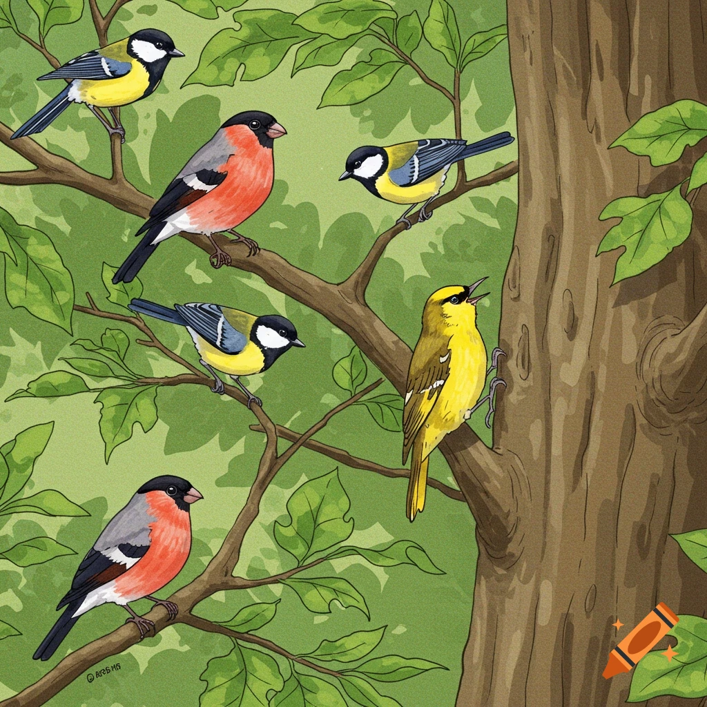 Illustration of colorful birds including bullfinches, great tits, and a golden oriole perched on leafy tree branches.
