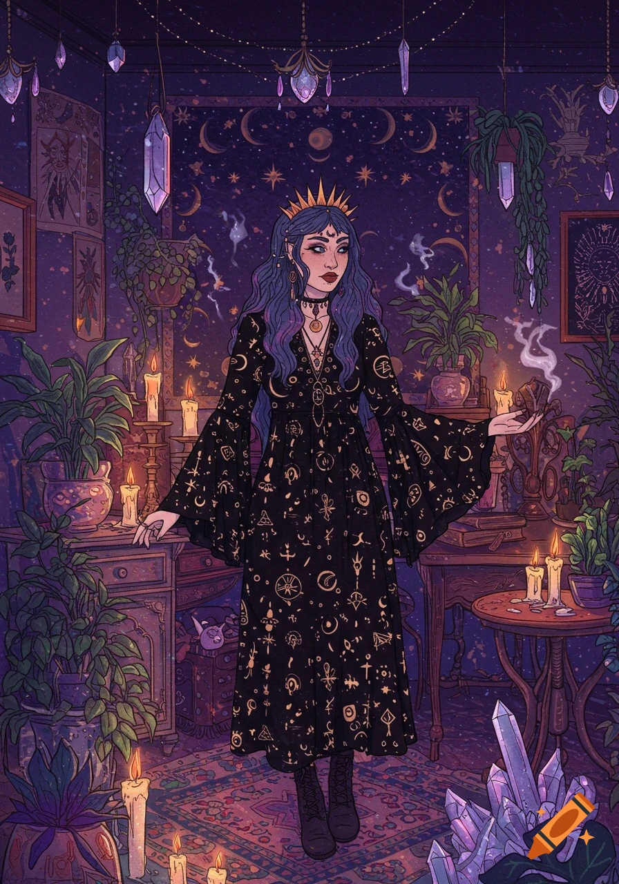 A whimsigoth woman with blue hair and a crown stands in a dark, mystical room filled with candles, plants, and crystals.