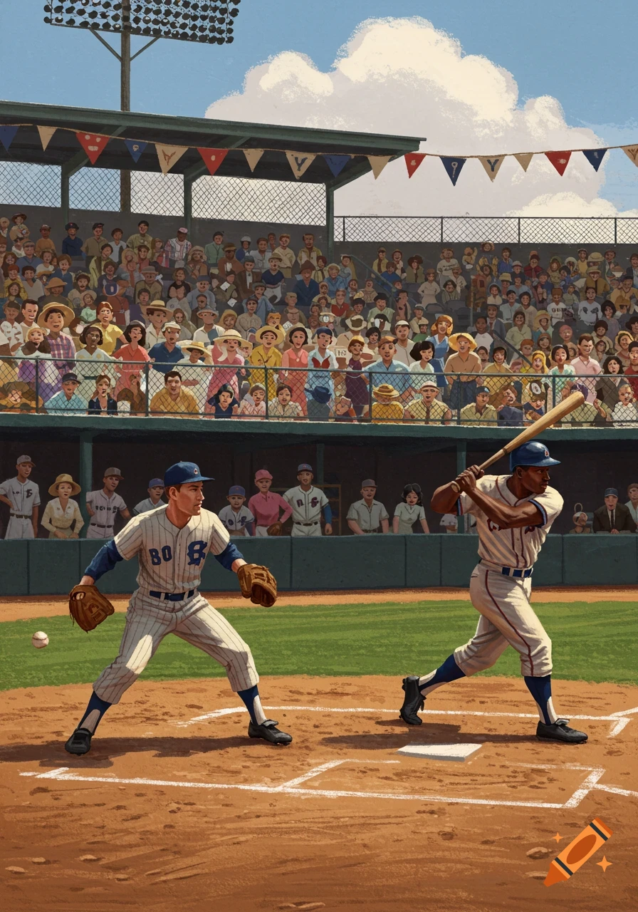 An illustration of a baseball game with a pitcher and a batter on the field and a stadium full of spectators.