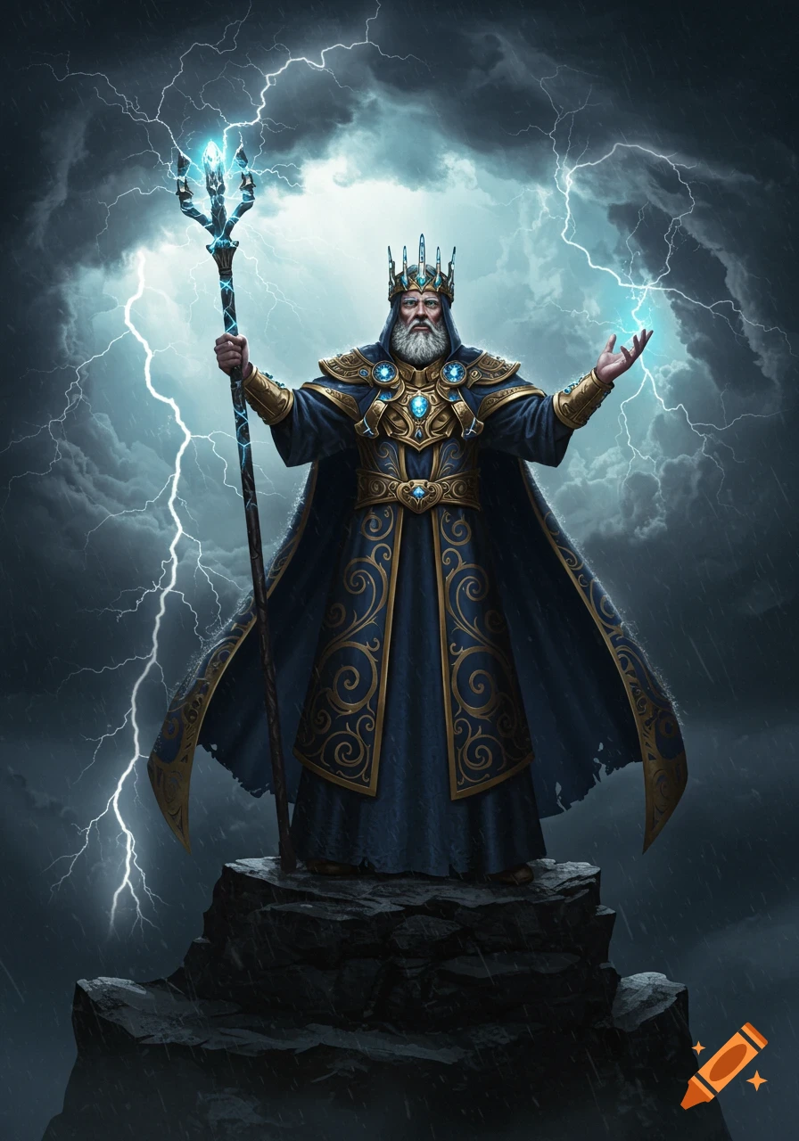 An old king in ornate blue and gold robes stands on a rock, holding a staff and conjuring lightning amidst a stormy sky.