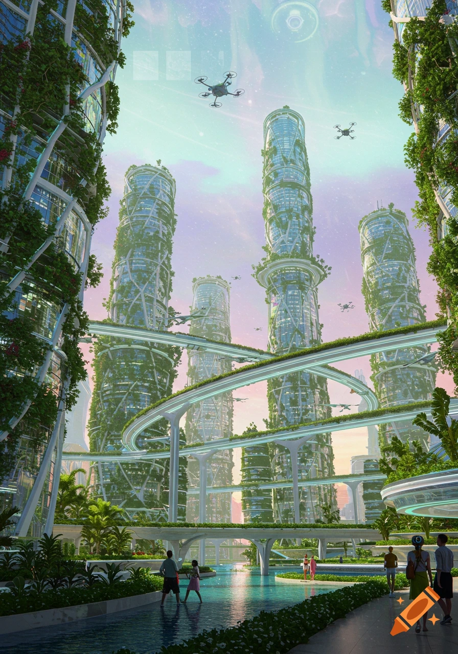 A vibrant futuristic city with vine-covered skyscrapers, elevated pathways, drones, and people by a canal under a pastel sky.