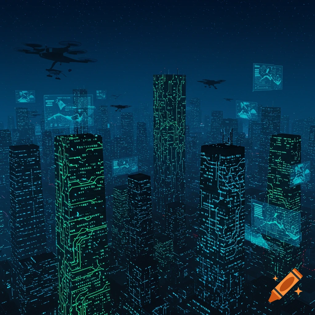 A futuristic cityscape at night with glowing circuit patterns on skyscrapers, holographic displays showing data, and drones flying overhead in a digital art style.