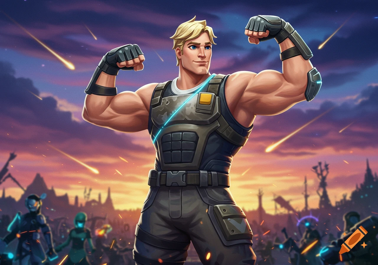 Fortnite's Jonesy, a muscular blonde man, flexes as meteors fall over a futuristic battleground at sunset.