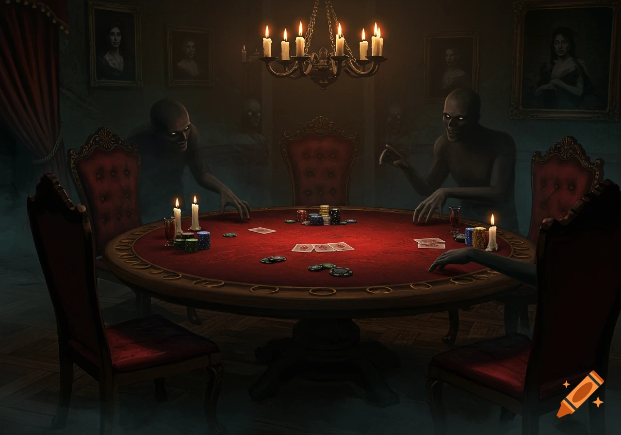 Dark, atmospheric illustration of ghoulish figures with glowing eyes playing poker at a red velvet table by candlelight.