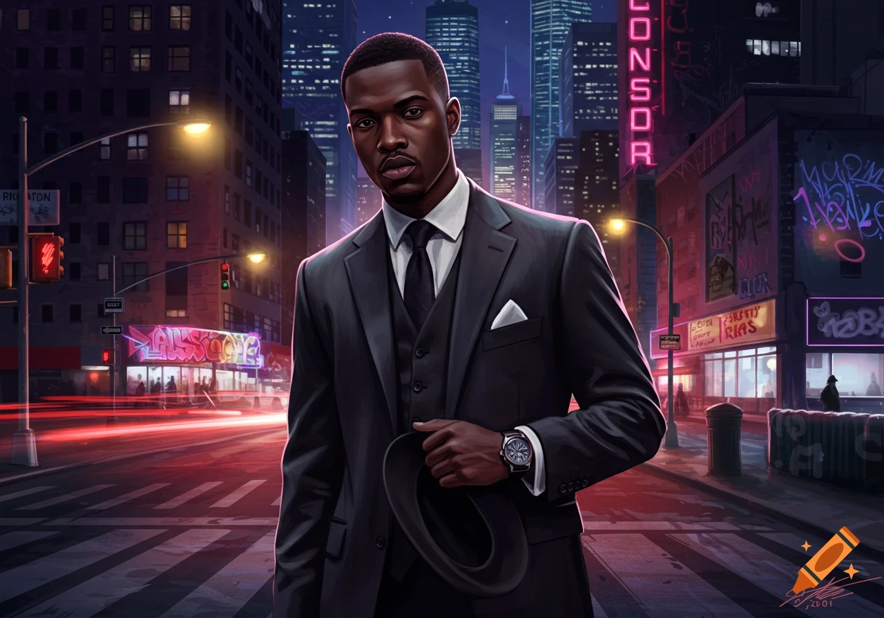 A stylish Black man in a suit holds a fedora, standing on a neon-lit city street at night with skyscrapers.