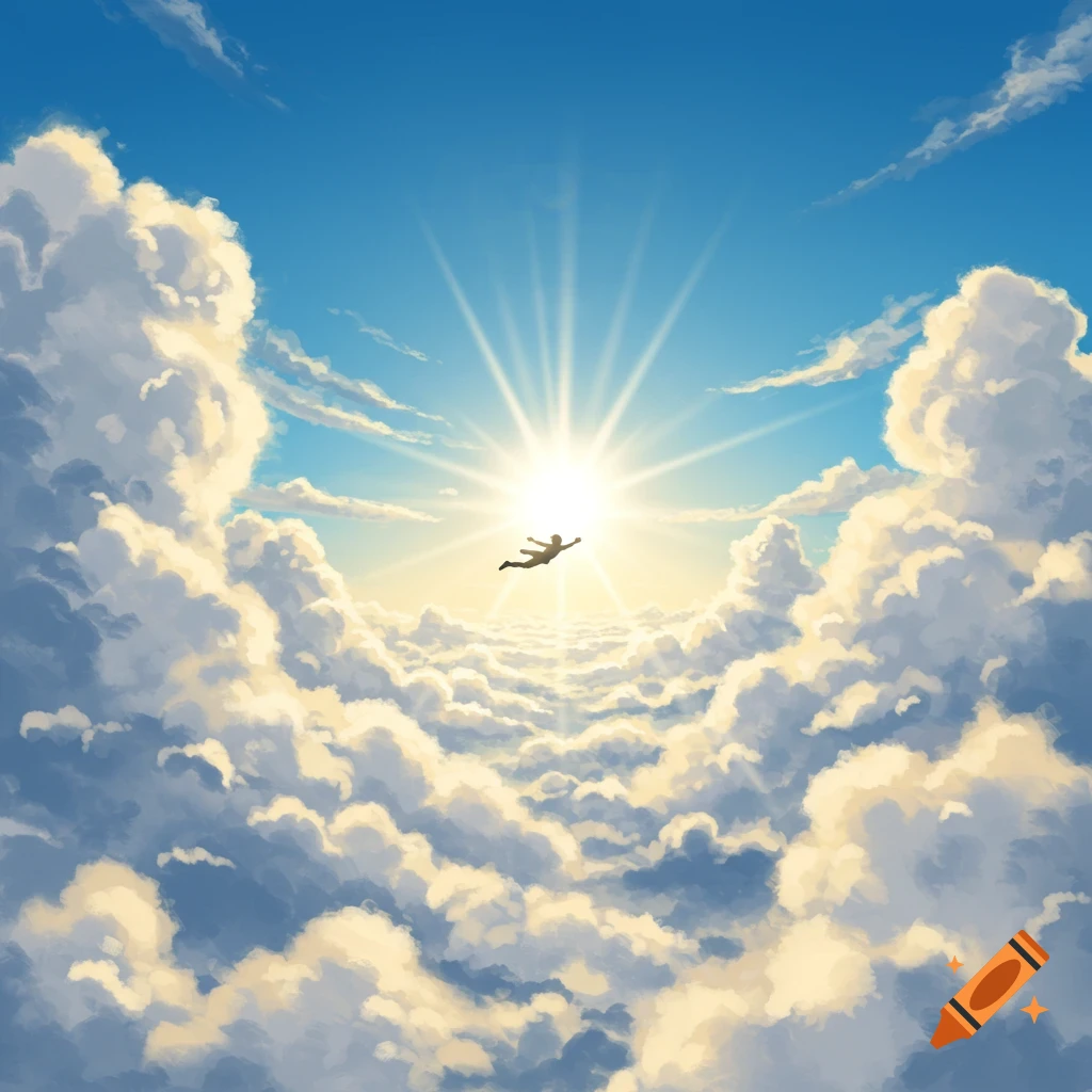 A silhouette of a person flies upwards through fluffy white clouds towards a bright, shining sun in a blue sky.