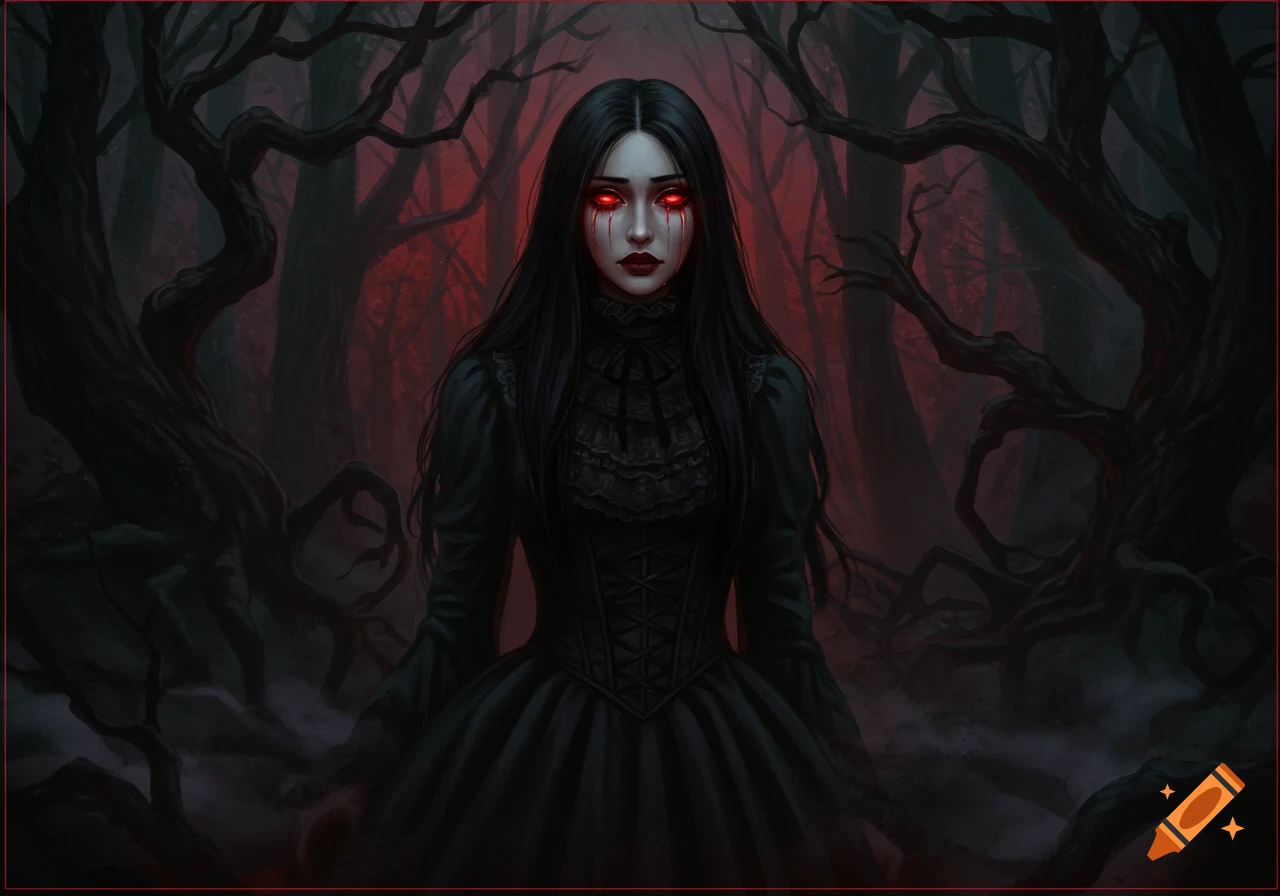 A gothic woman with long black hair, red eyes, and red tears wearing a black dress stands in a dark, gnarled forest.