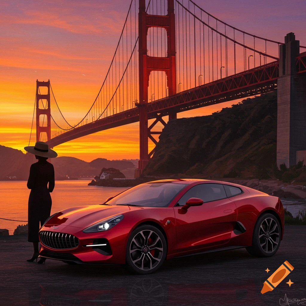 A woman in a hat stands next to a red sports car, facing the Golden Gate Bridge at sunset.