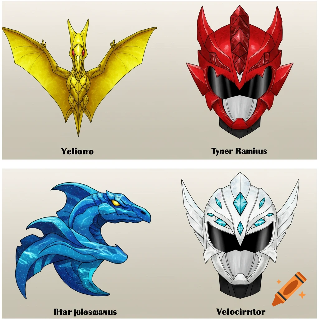Four colorful, cartoonish Super Sentai-style prehistoric creature and helmet designs. The designs include a yellow pterodactyl, a red Tyrannosaurus helmet, a blue plesiosaur, and a white Velociraptor helmet.