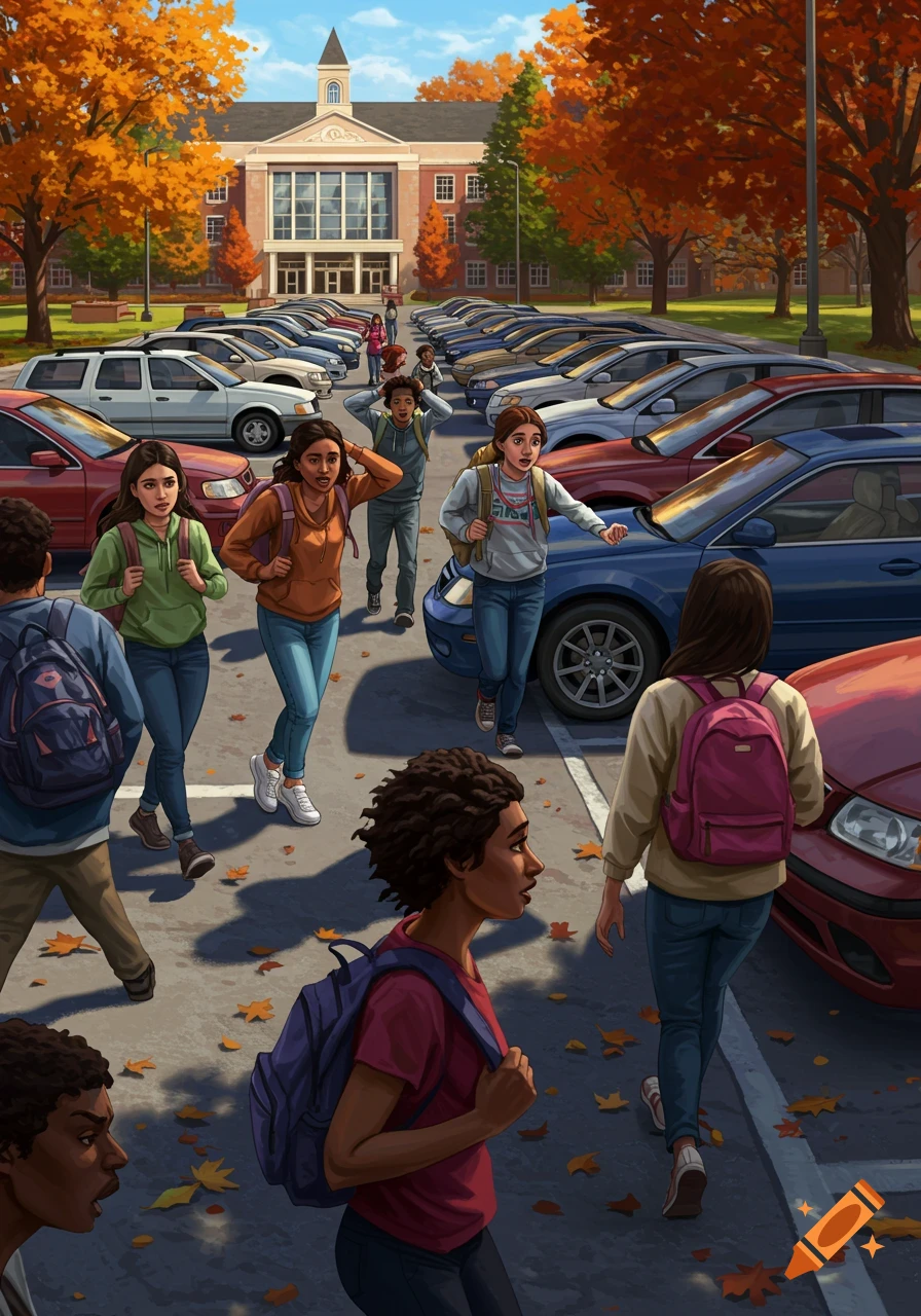Diverse students with backpacks walk through a college campus parking lot filled with cars on a sunny autumn day.