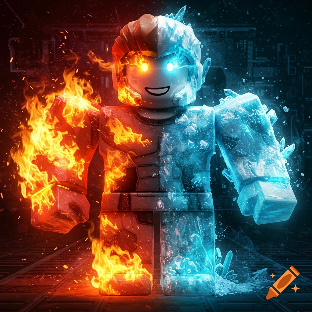 A Roblox avatar split down the middle, one side glowing with orange fire and the other covered in blue ice crystals, against a dark background.