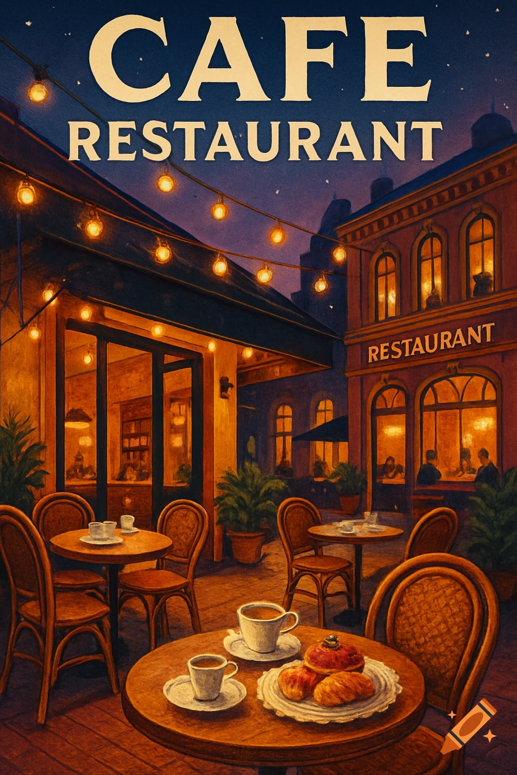 A vibrant, painterly night scene of a cafe and restaurant with outdoor tables, string lights, and warm glowing windows.