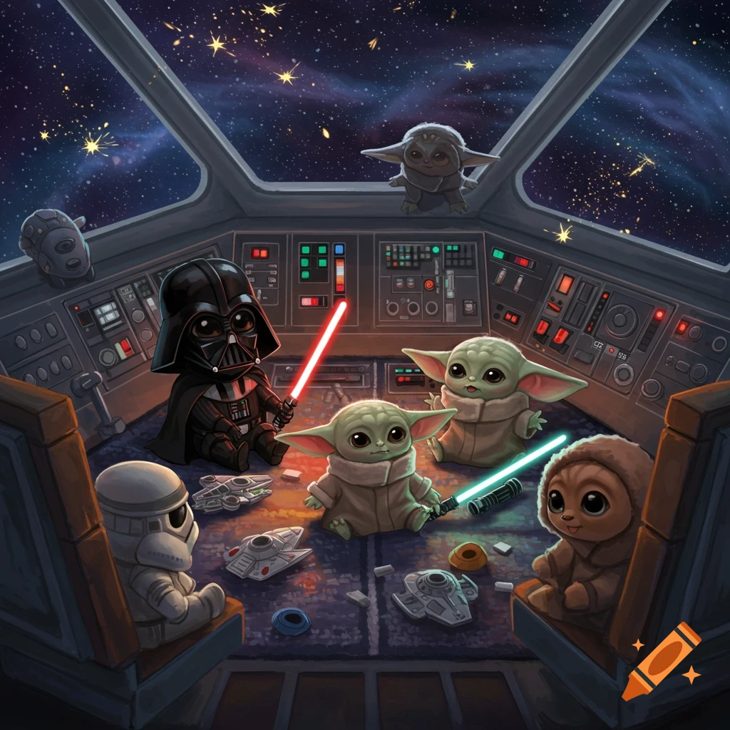 Cute cartoon of baby Star Wars characters like Darth Vader, Grogu, and a Stormtrooper playing in a spaceship cockpit.