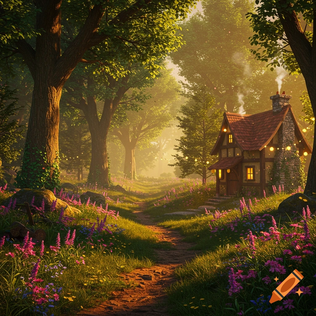 A sun-drenched, enchanted forest path leads to a cozy, lit cottage adorned with fairy lights, surrounded by colorful wildflowers.