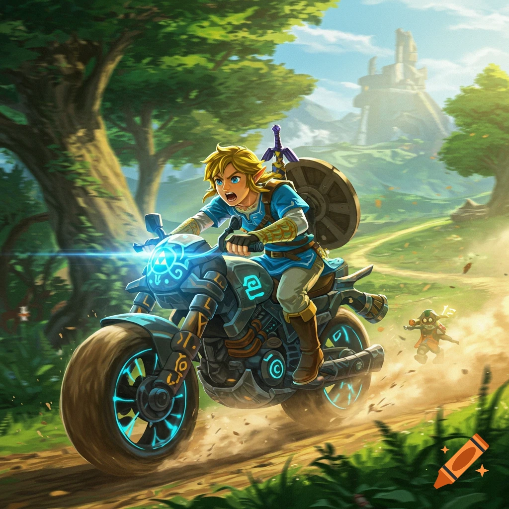Link on a Master Cycle Zero speeding through a forest path with a ruin in the background, stylized art.
