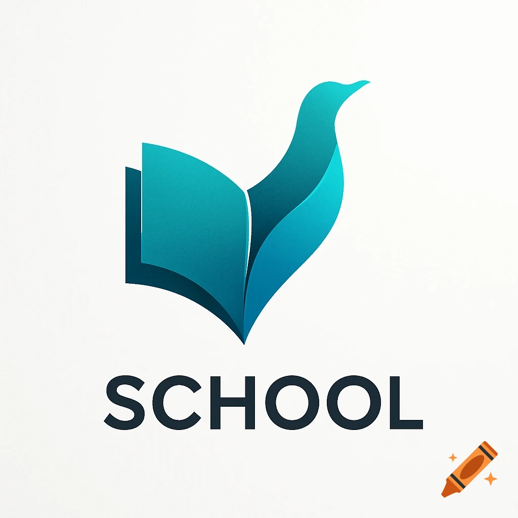 A modern blue-green logo featuring an abstract open book and a bird shape, with the word SCHOOL below.
