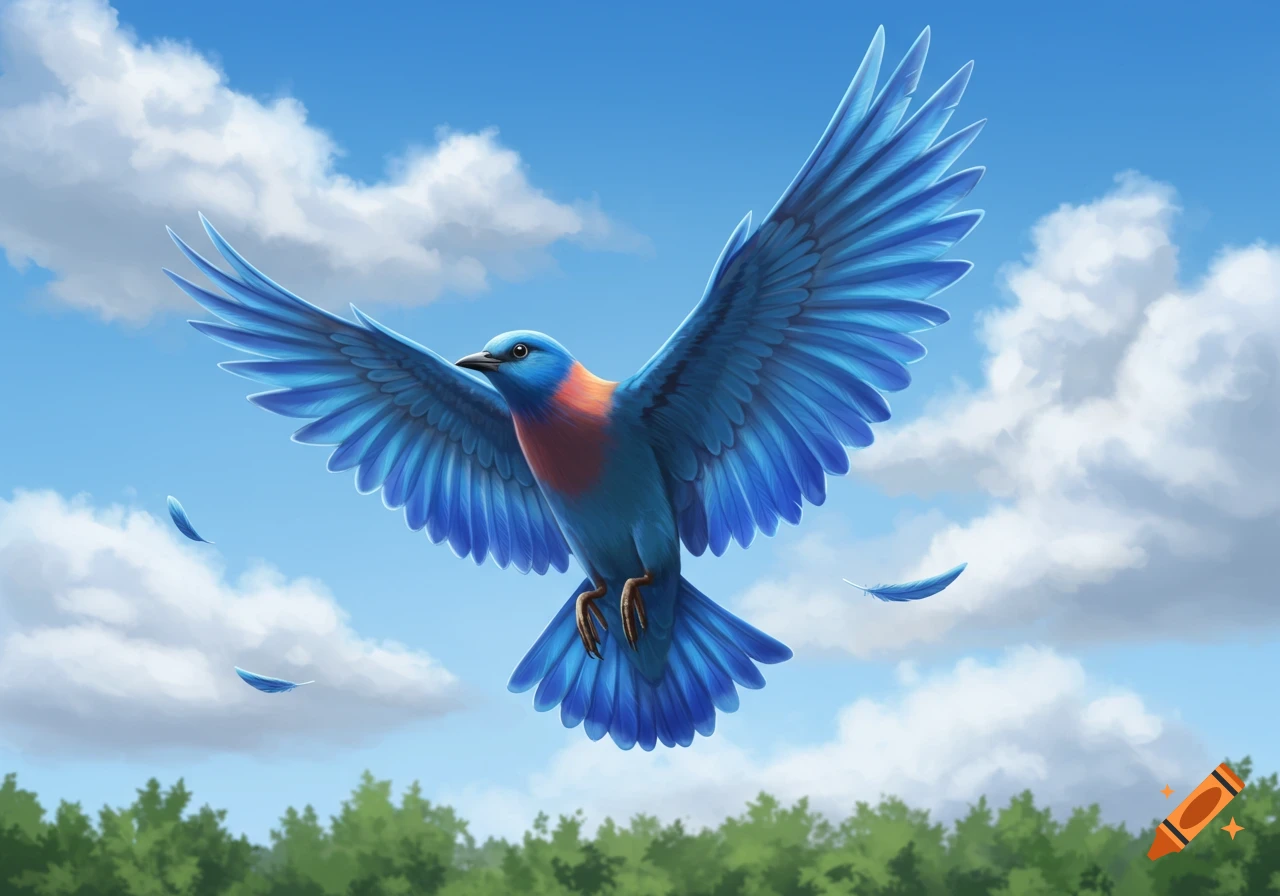 A vibrant blue bird with spread wings soars against a bright blue sky with white clouds above green treetops, in an illustrated style.