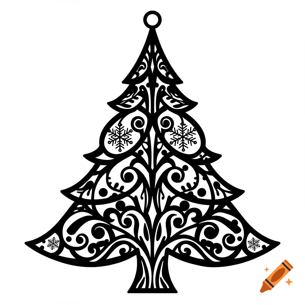 Black and white intricate filigree Christmas tree design with snowflakes and a loop at the top, vectorized style.
