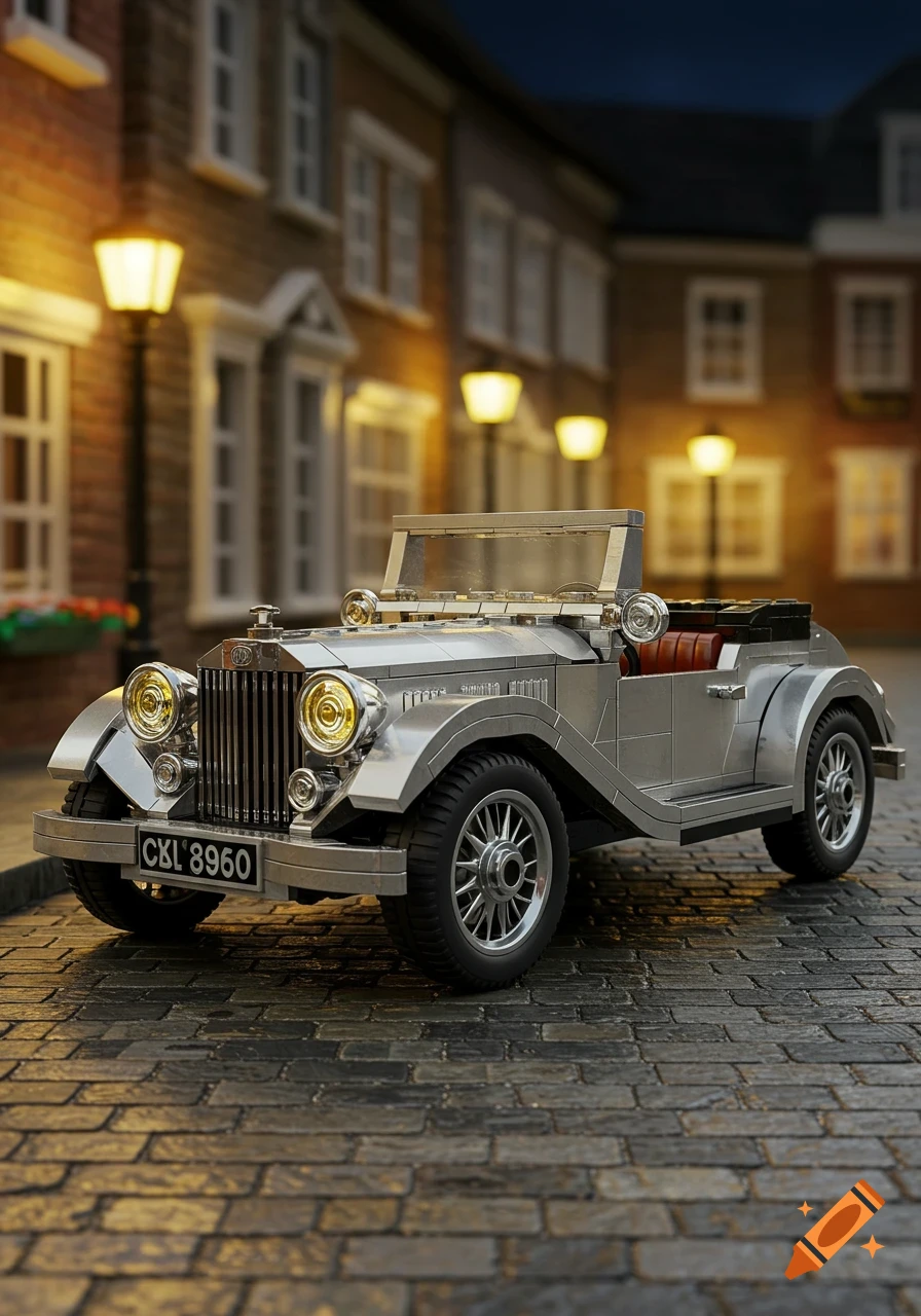 A Lego-style silver vintage car with a dark red interior is parked on a cobblestone street at night, illuminated by streetlights.