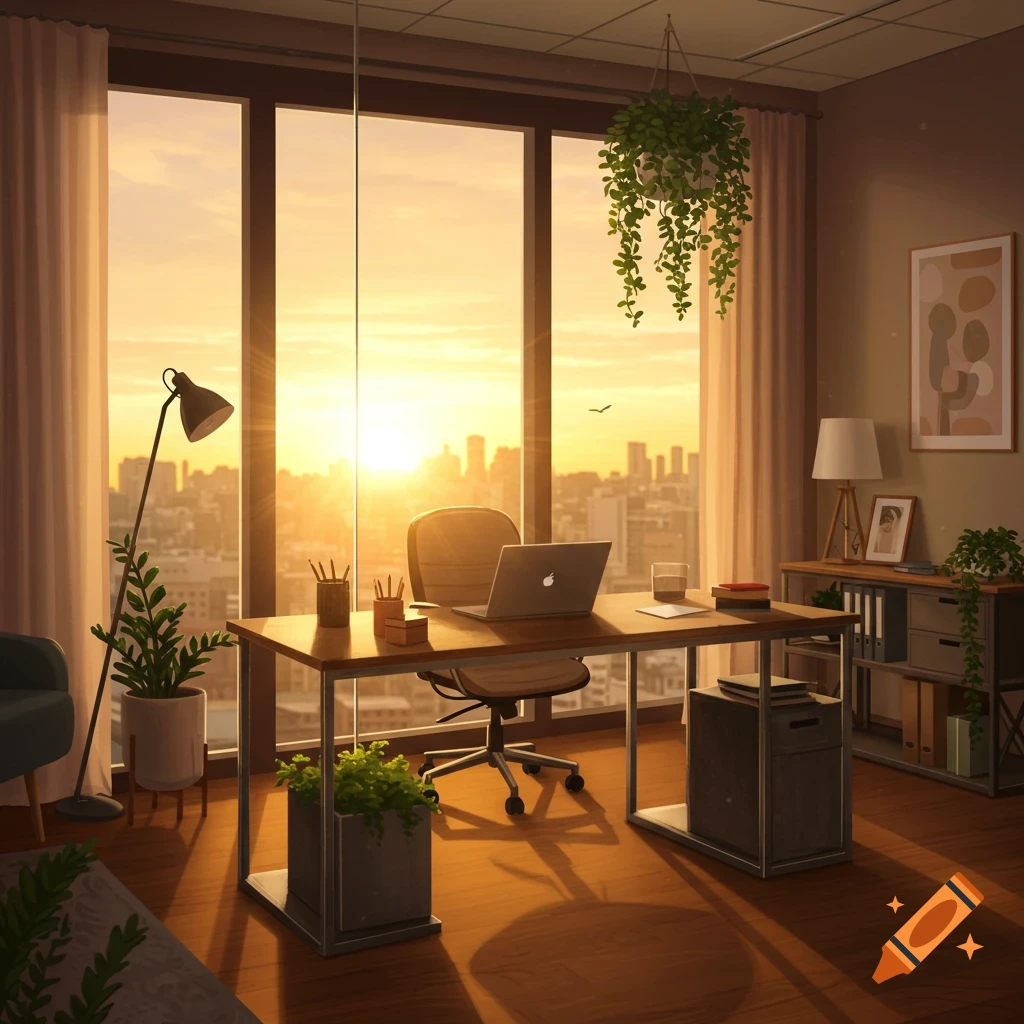 A modern office with a laptop on a desk, bathed in the warm light of a sunset over a city skyline.