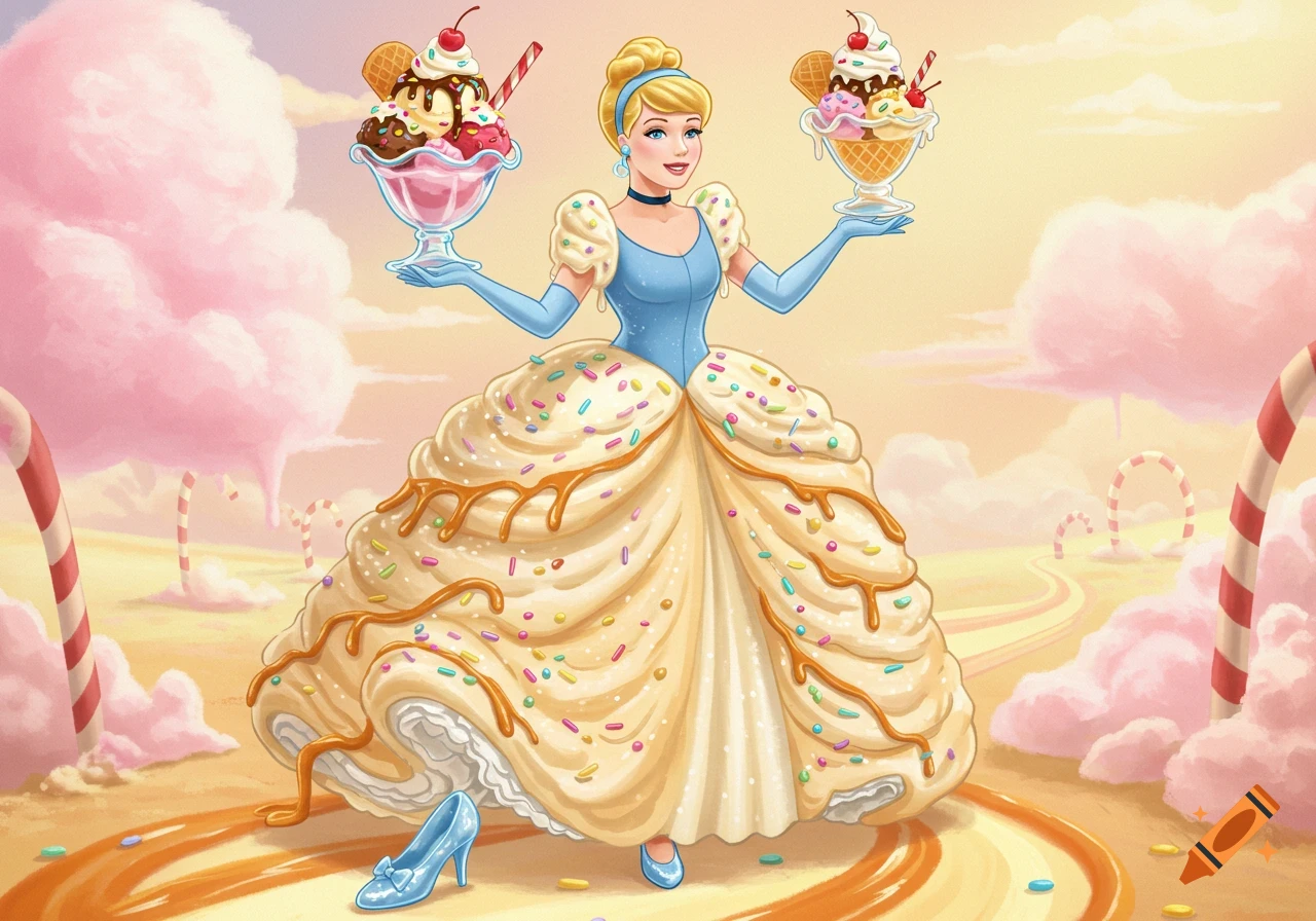 Cartoon Cinderella in a sundae dress holds two ice cream sundaes in a candy-themed landscape with cotton candy clouds and candy canes.