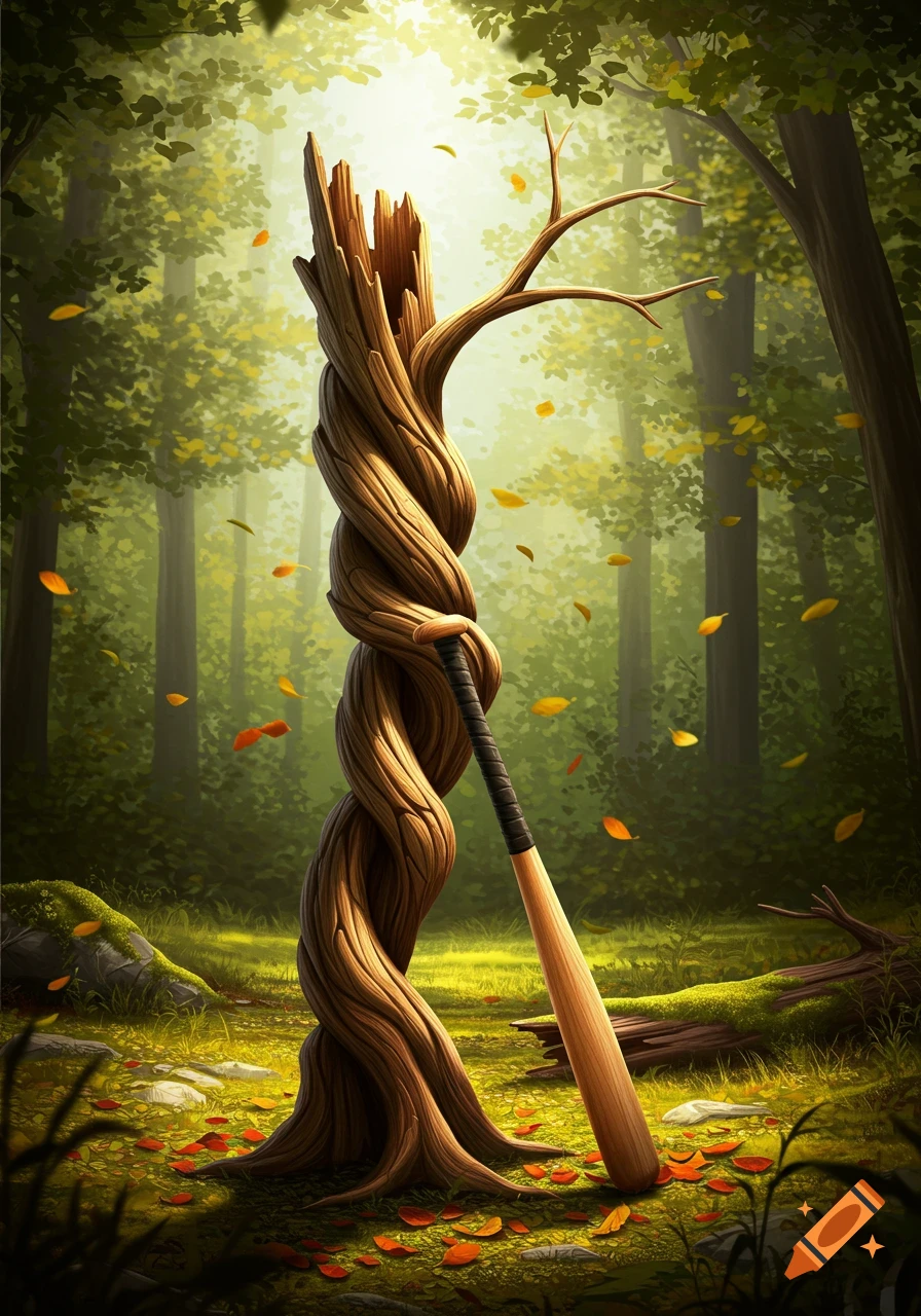 A twisted, gnarled tree trunk with a broken top stands in a sunlit forest, holding a baseball bat. Autumn leaves fall around it.