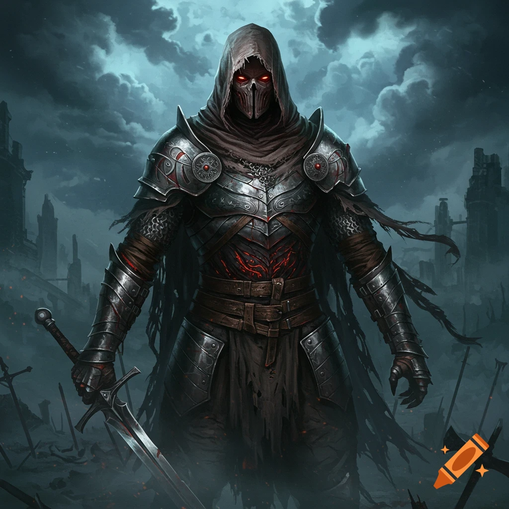 A sinister warrior in dark ornate armor with a hooded, masked face and glowing red eyes holds a sword in a ruined, cloudy landscape.