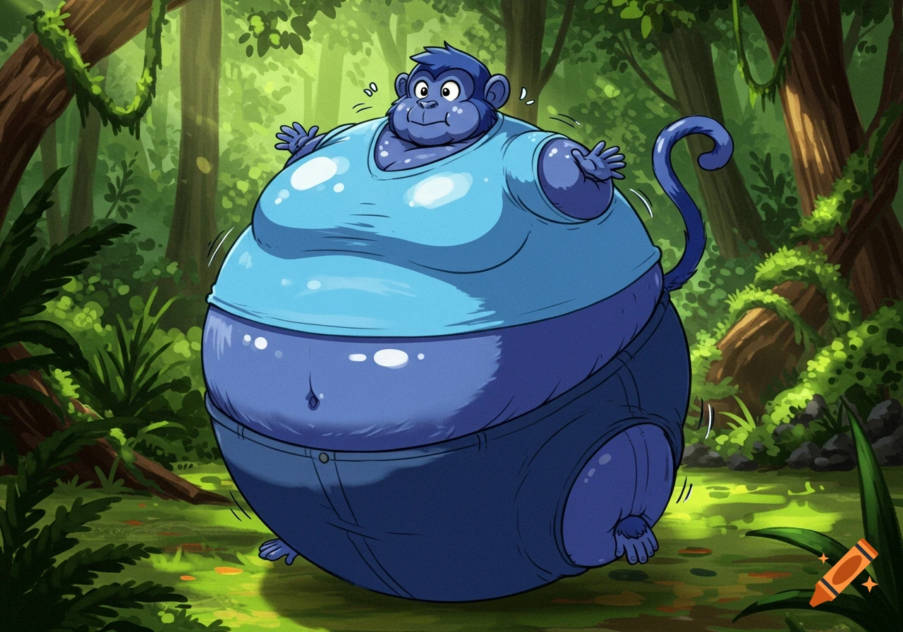 A blue cartoon monkey wearing a light blue shirt and dark blue pants inflates into a giant blueberry in a green jungle.