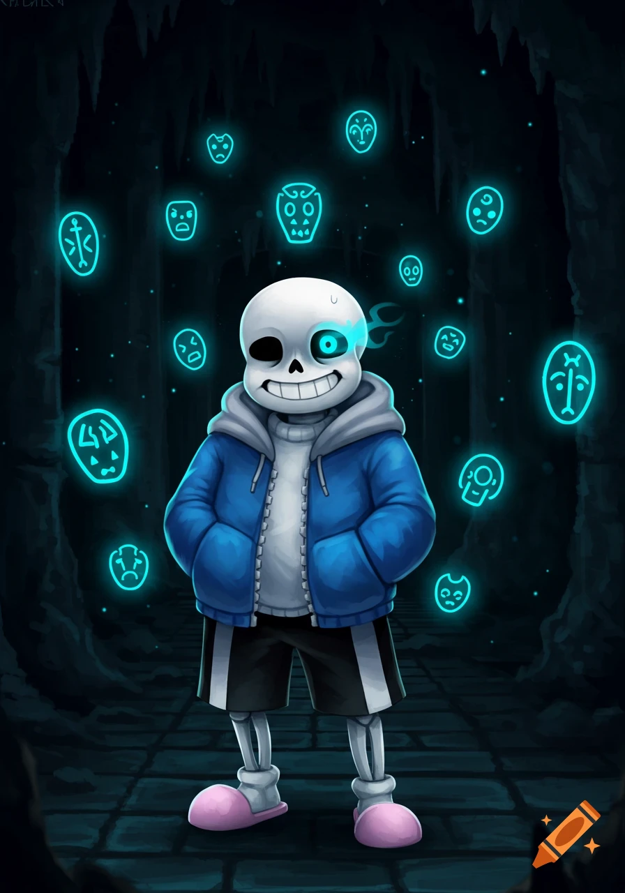 Sans the skeleton stands in a dark cave with glowing blue masks floating around him.