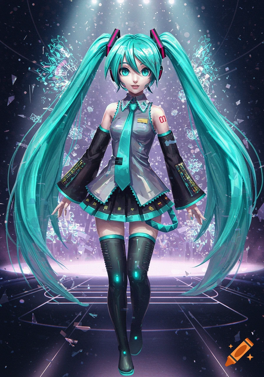 Hatsune Miku, an anime character with long turquoise pigtails, stands in a futuristic setting with glowing digital fragments. She wears a gray and black uniform with turquoise accents.