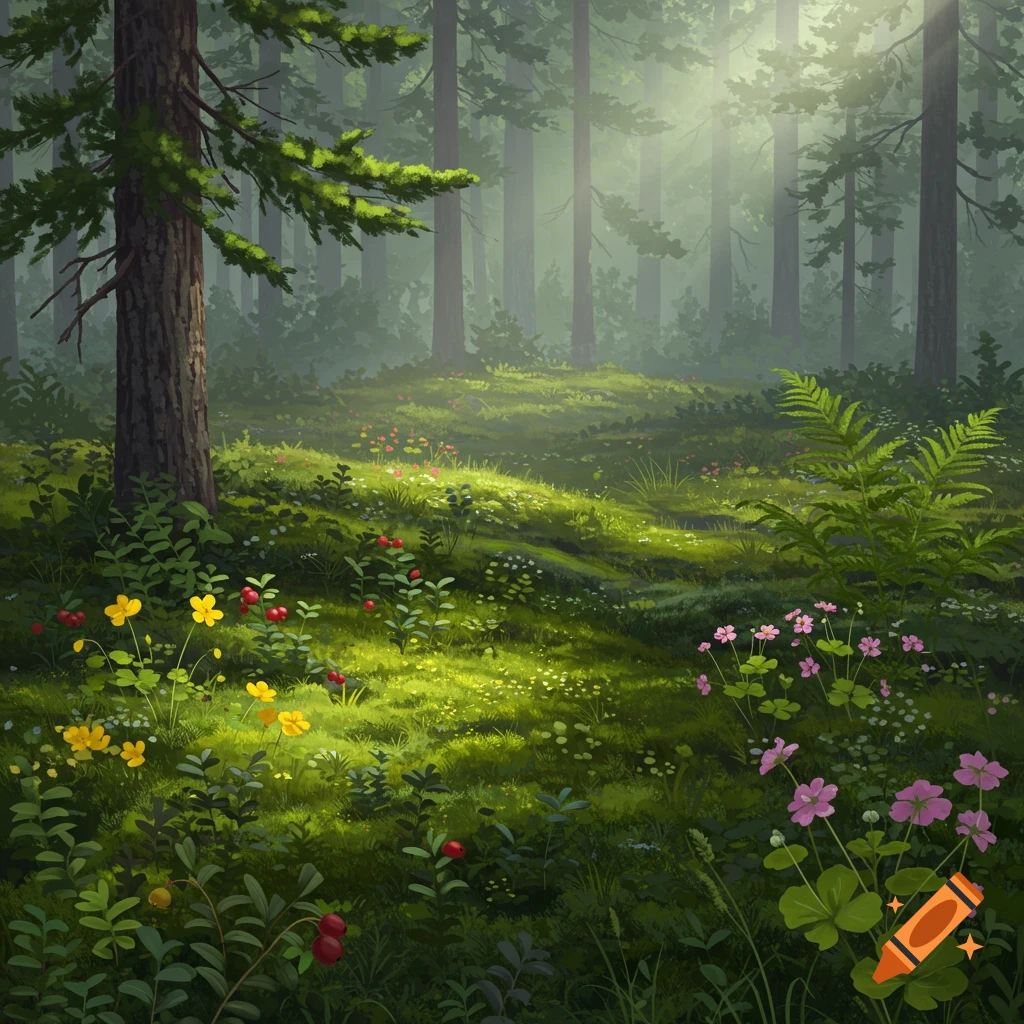 Sunlit forest floor covered in moss, diverse green plants, yellow and pink wildflowers, and red berries, with tall trees in the misty background.
