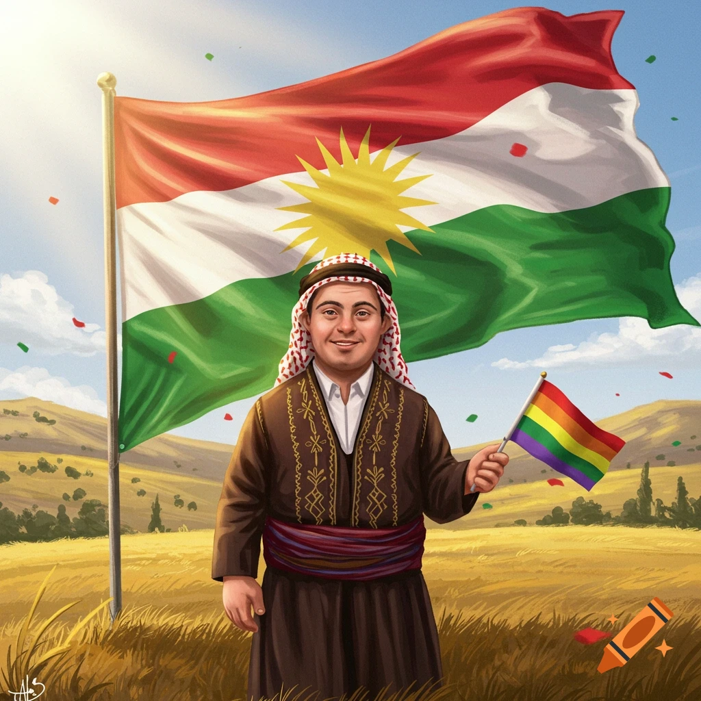 A smiling man in traditional Kurdish attire holds a small pride flag in front of a large Kurdish flag in a sunny field.