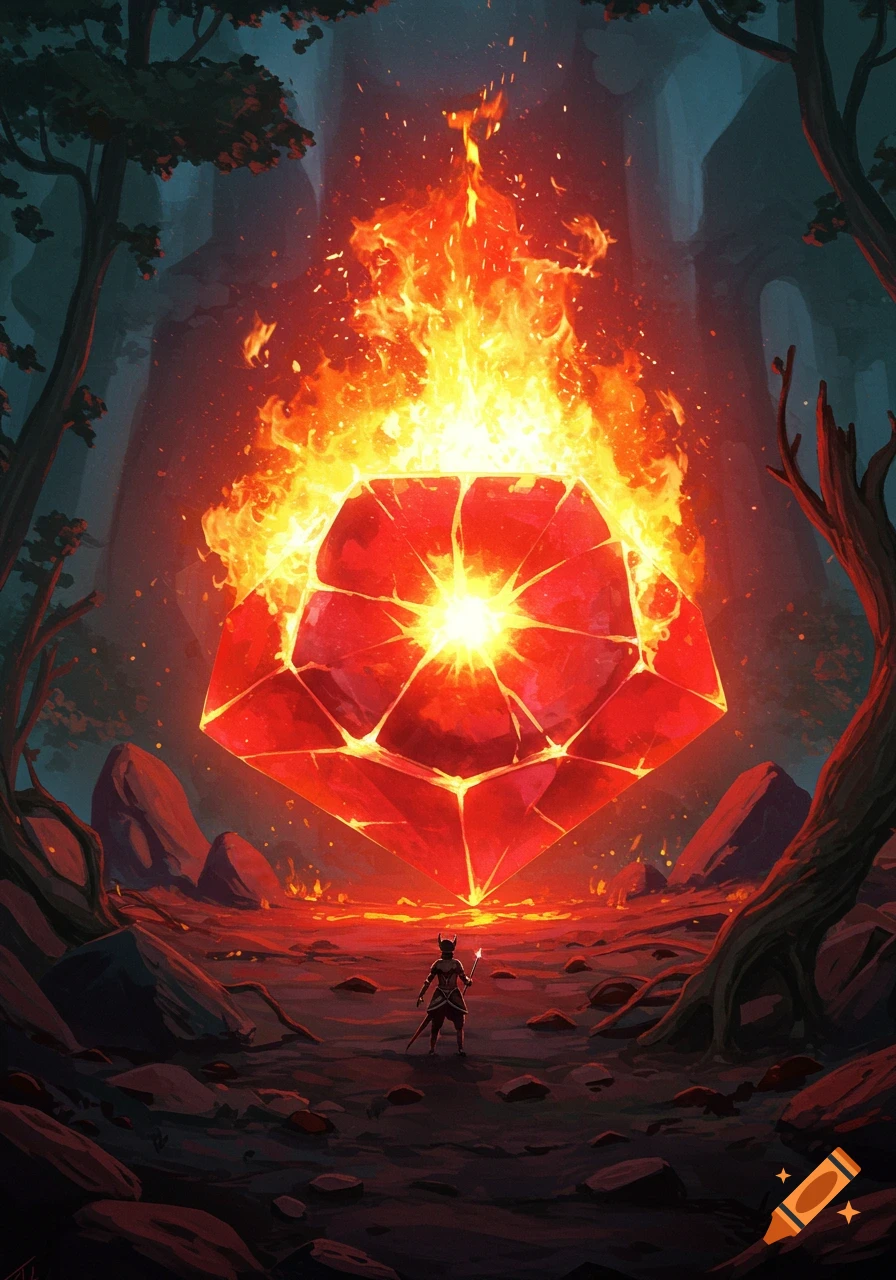 A small figure stands before a giant, glowing red ruby-like gem engulfed in flames in a dark, stylized forest.