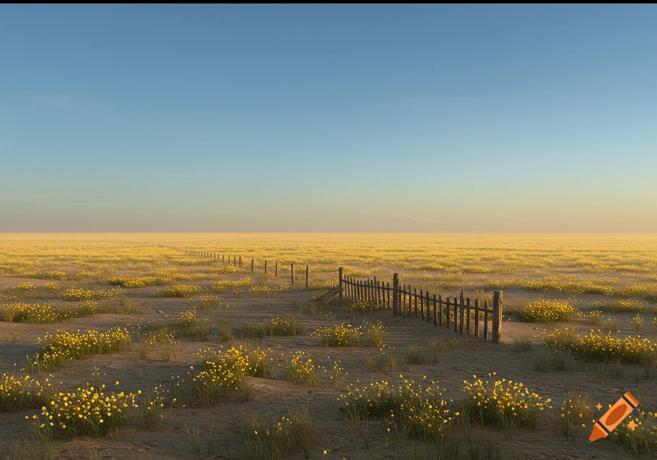 A vast golden field of small yellow flowers under a clear blue sky, with a rustic wooden fence stretching into the distance.