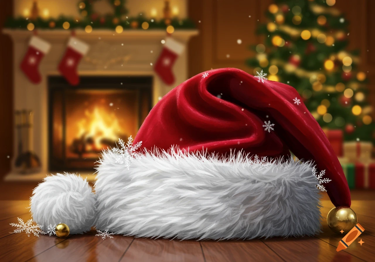 A red velvet Santa hat with white fur and gold ornaments on a wooden floor, with a blurred fireplace and Christmas tree in the background.