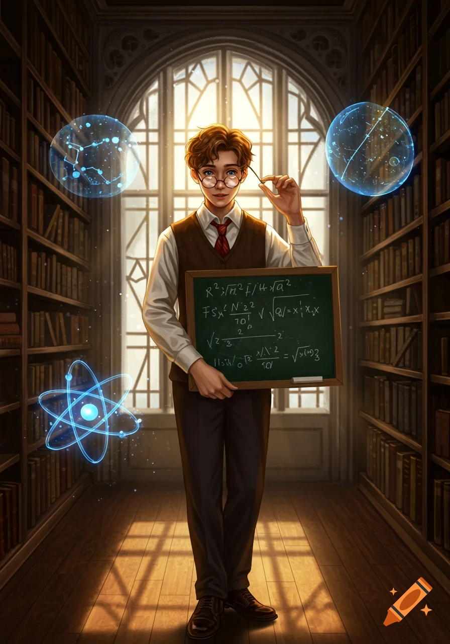 A male student in a library holds a blackboard with equations, surrounded by glowing atom and constellation holograms, in a detailed, fantastical style.