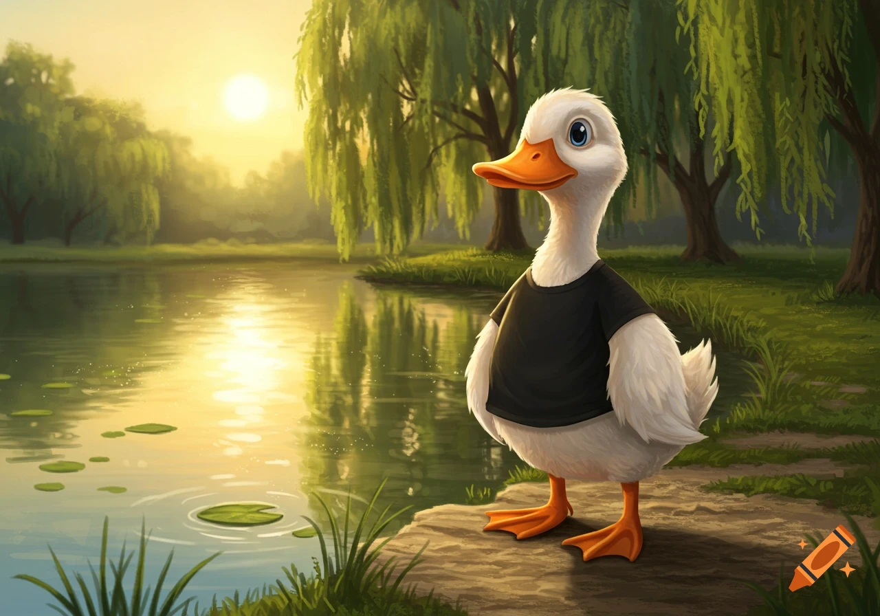 Cartoon duck in a black t-shirt stands by a reflective pond at sunset, with willow trees in the background.