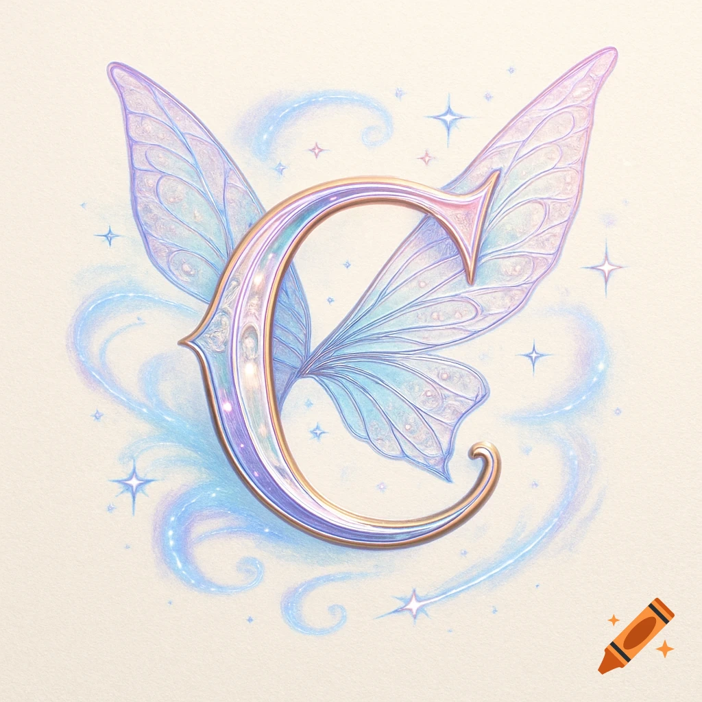 A decorative letter C with iridescent fairy wings, blue magical wisps, and sparkling stars, on a light background, fantasy style.