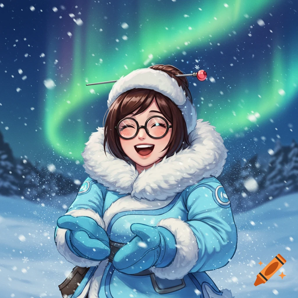 Cute anime-style Mei from Overwatch smiles, catching snowflakes under the green aurora borealis in a snowy landscape.