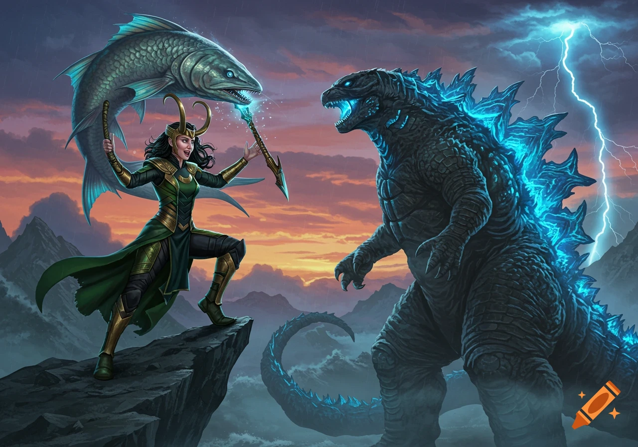 Female Loki wields a giant fish and staff, confronting a roaring, blue-glowing Godzilla on a mountain peak with stormy skies and lightning.