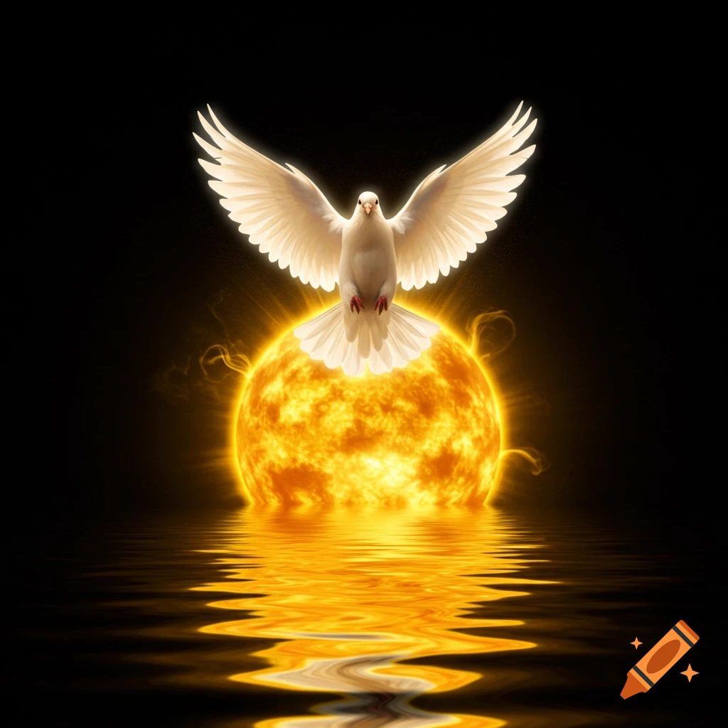 A white dove with outstretched wings hovers above a glowing sun, which reflects brightly on dark water below, set against a black background.