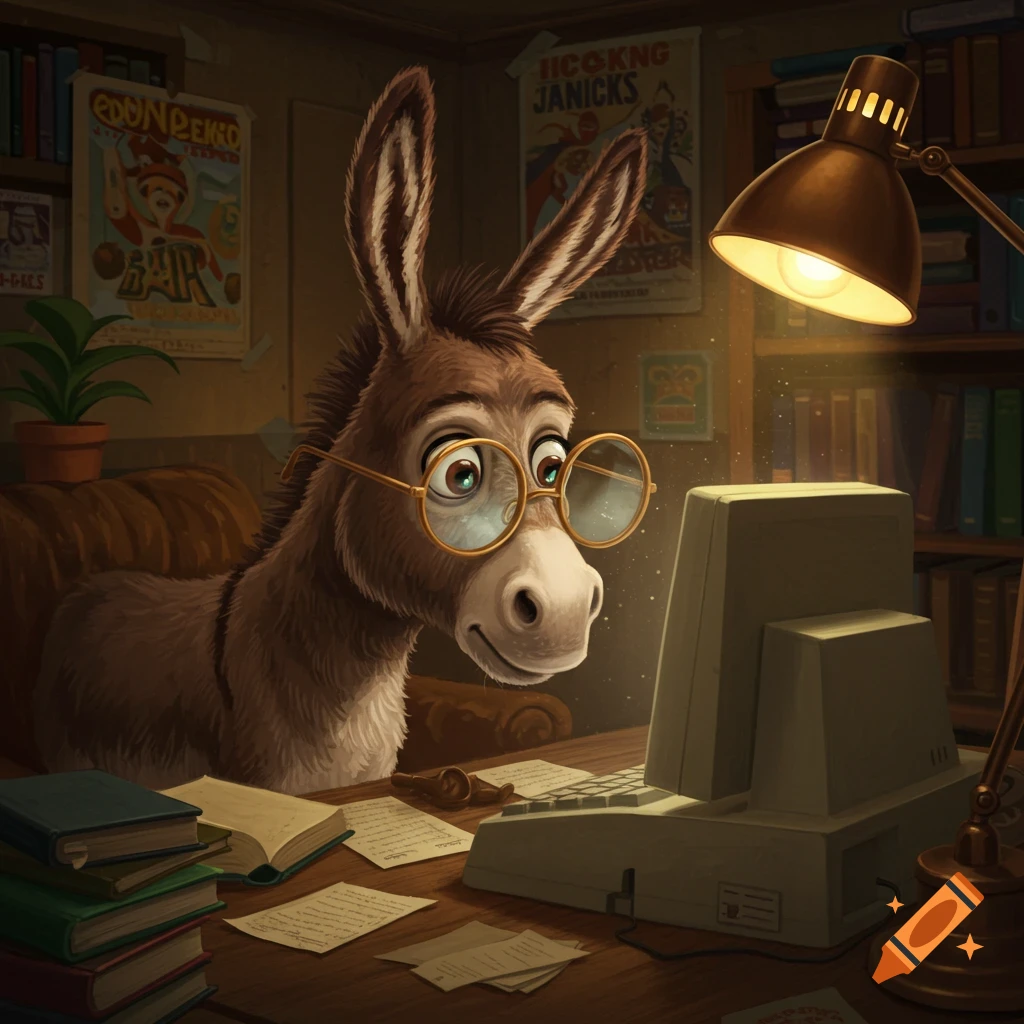 A cartoon donkey wearing round glasses sits at a desk, looking at an old computer monitor, surrounded by books and papers in a study.