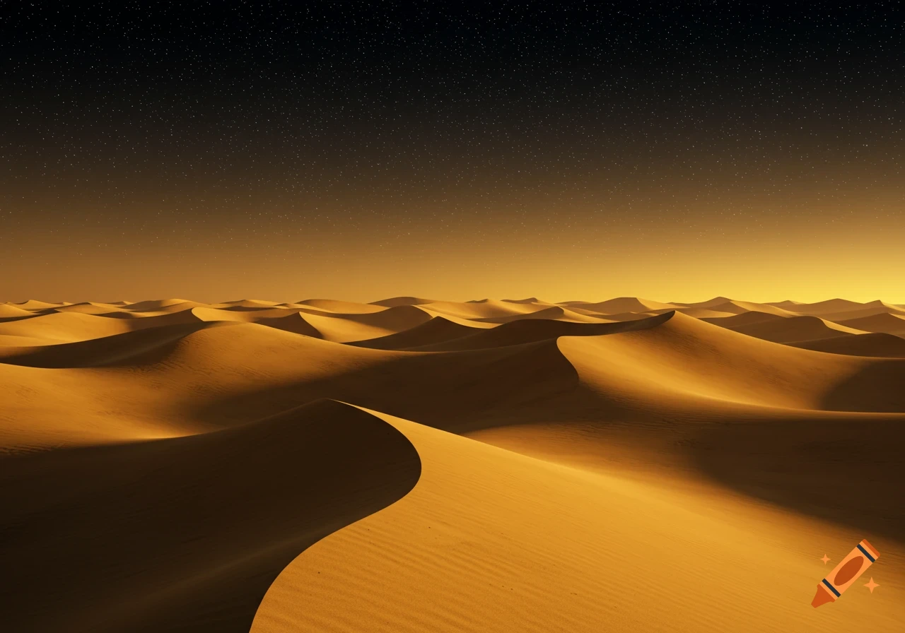 Golden sand dunes stretch under a dark, star-filled sky at dusk, creating a serene desert landscape.
