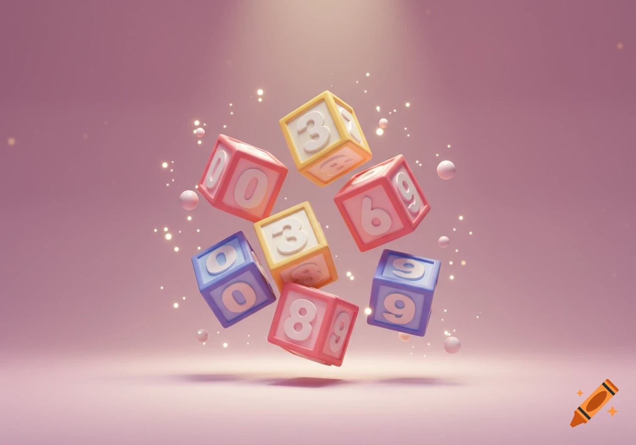 Colorful 3D number blocks (red, yellow, blue) with white digits float on a pink background with glowing particles.