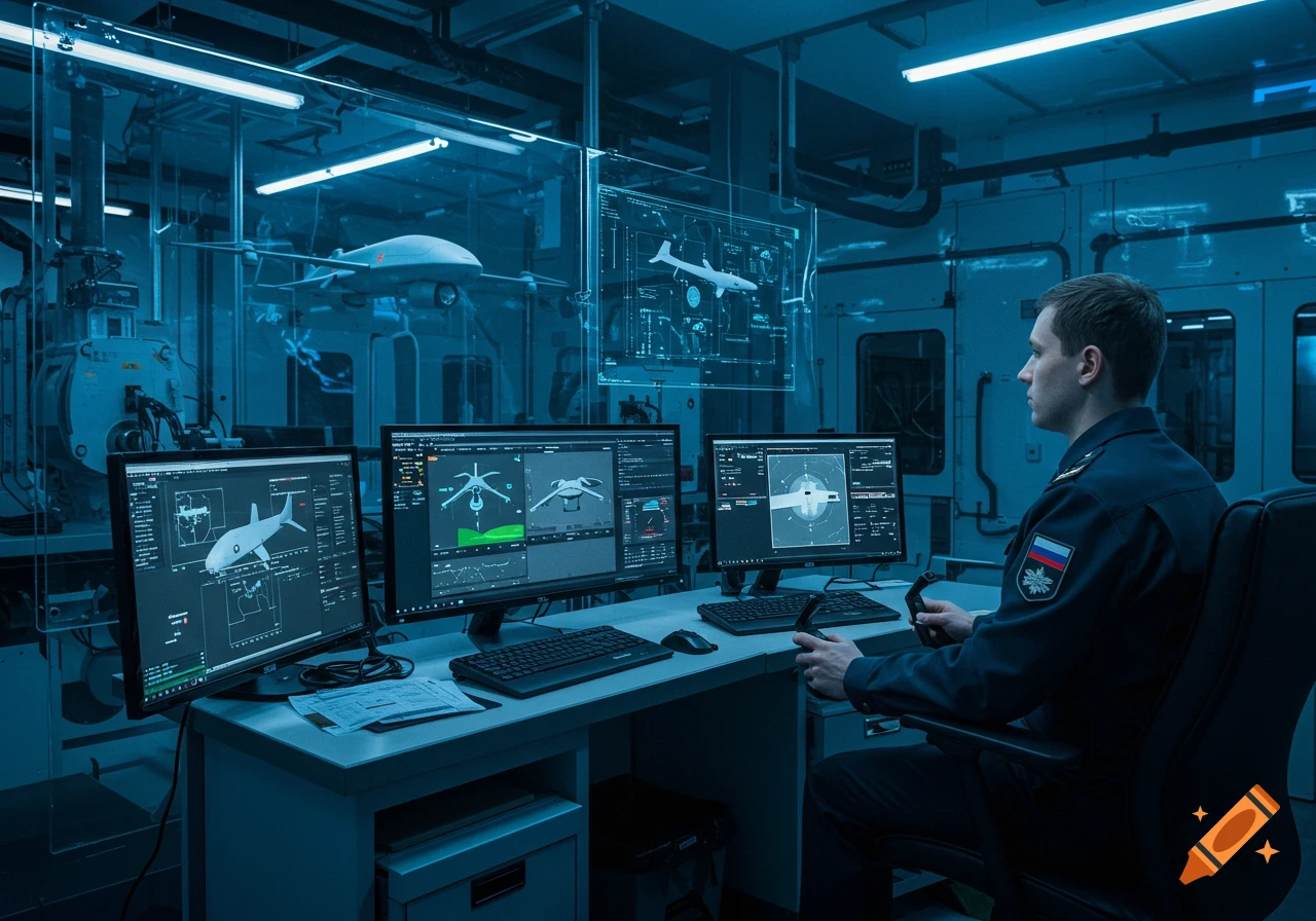 A man in a military uniform sits at a desk, operating multiple computer monitors displaying drone data and schematics in a futuristic control room.