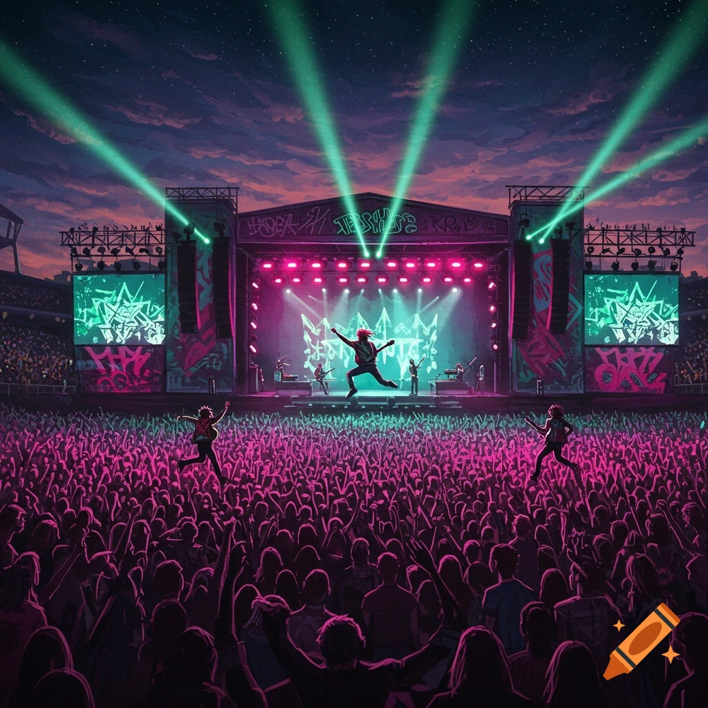 Vibrant pop-punk concert at night with a band on stage under green and pink lights, performing before a massive, energetic crowd.