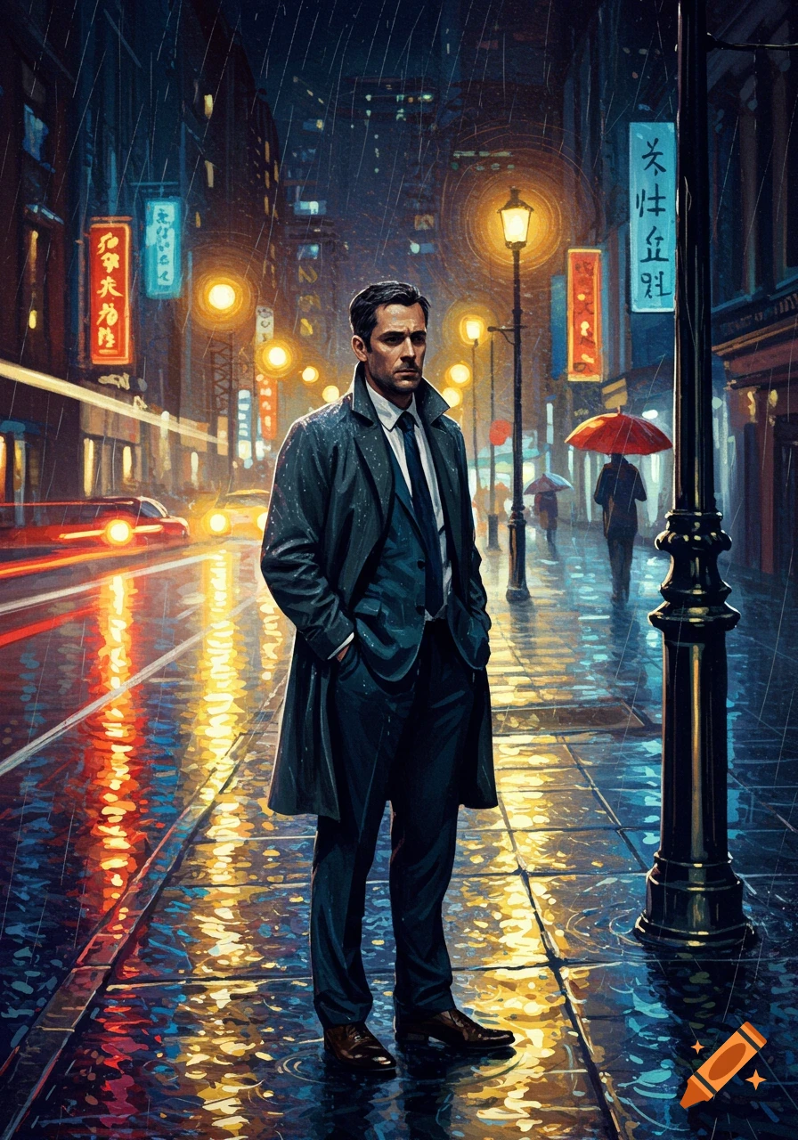 A man in a trench coat stands on a rain-slicked city street at night, with neon signs and blurred car lights reflecting in puddles in a painterly style.